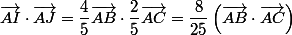 \vec{AI}\cdot\vec{AJ}=\dfrac{4}{5}\vec{AB}\cdot \dfrac{2}{5}\vec{AC}=\dfrac{8}{25}\left(\vec{AB}\cdot\vec{AC}\right)